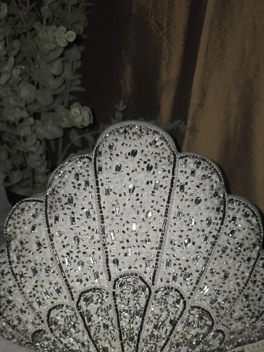 Beaded Shell Accent Pillow in White and Silver